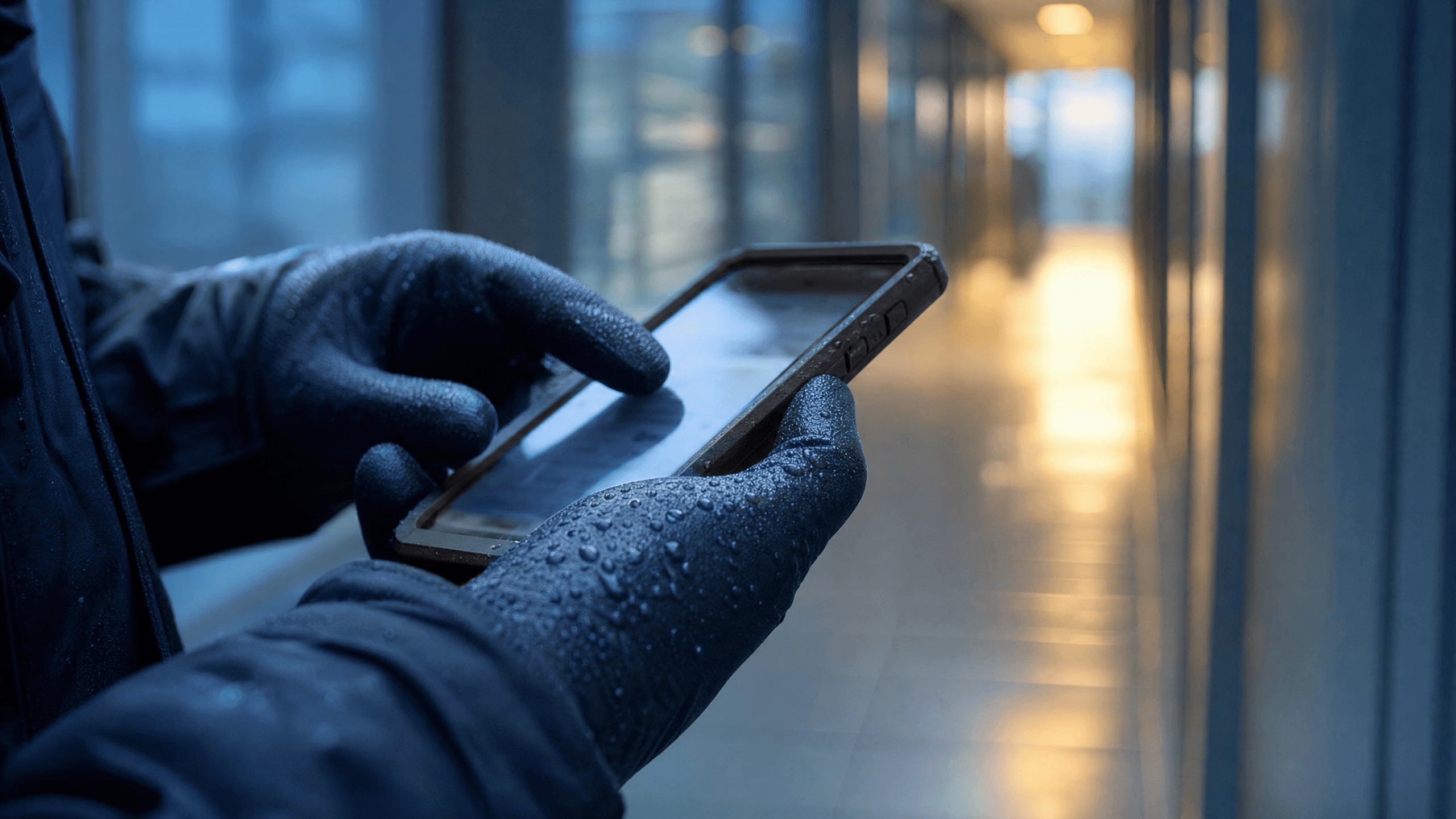 Mains gantées utilisant un smartphone dans un couloir de bureaux au petit matin
