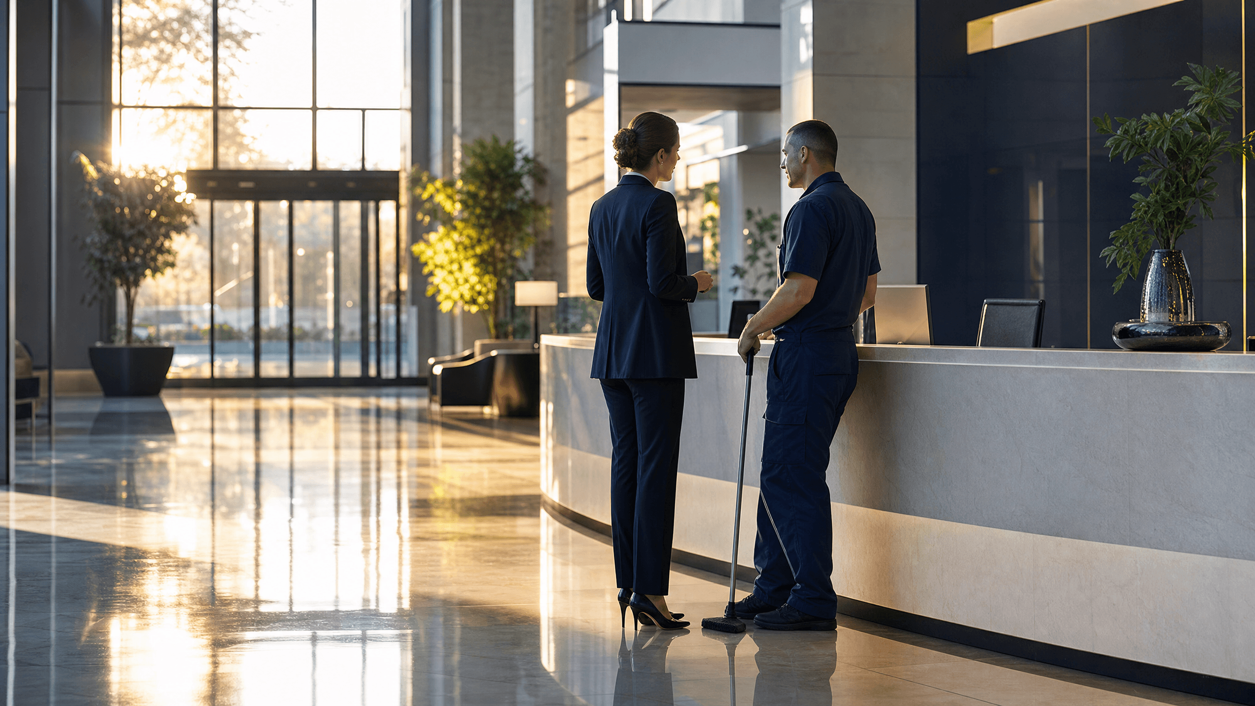 Une responsable de site et un agent de propreté échangent dans un hall d'accueil