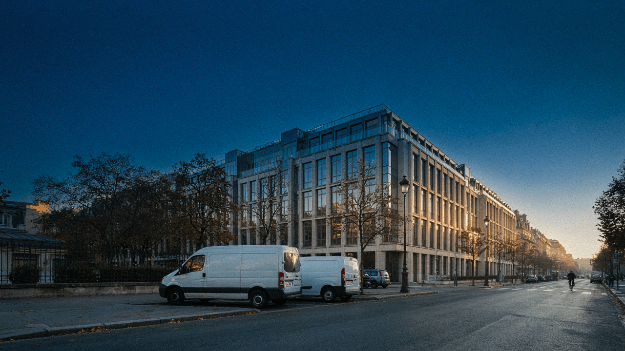 Deux camions utilitaires de sociétés de propreté stationnés devant un immeuble de bureaux au petit matin
